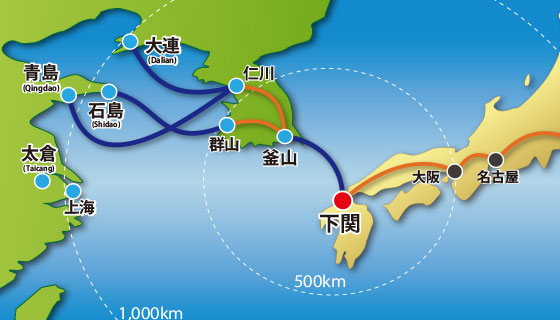 下関から韓国を経由し、中国青島、石島、大連へ輸送する中国・山東省トランシップサービス航路図｜関光汽船中国輸送サービス
